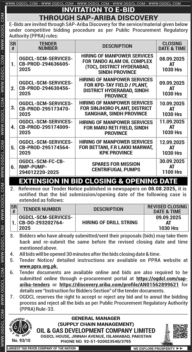Oil & Gas Development Company Limited Islamabad Tender Notice